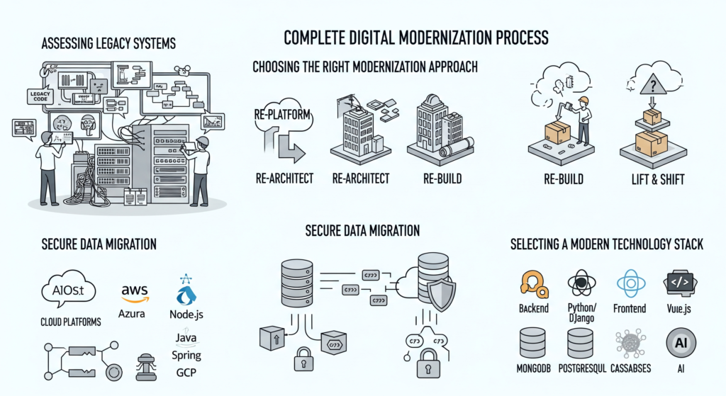 Digital modernization process from legacy systems to modern platforms
