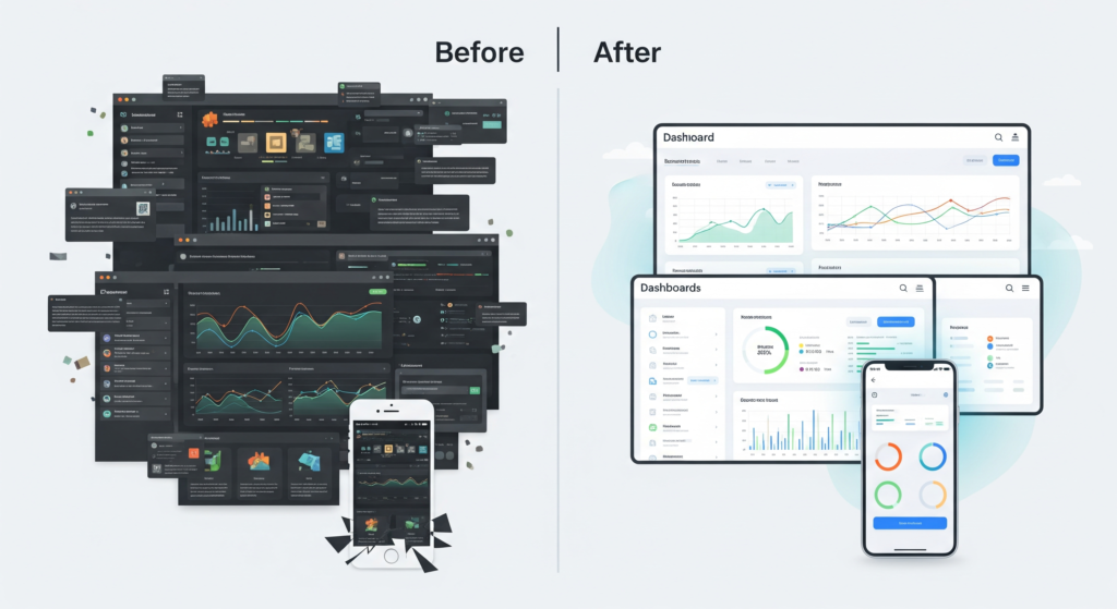 Before-and-after UI transformation showing modern, responsive, and user-friendly dashboard