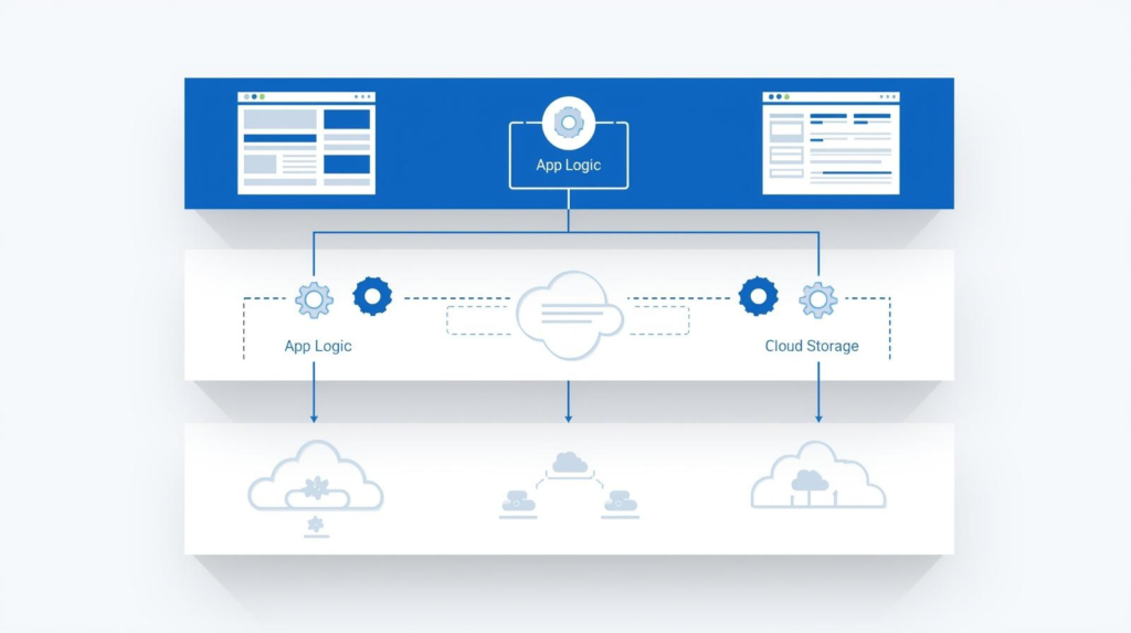 a diagram showing React as frontend, Django as backend, and database layer below.

