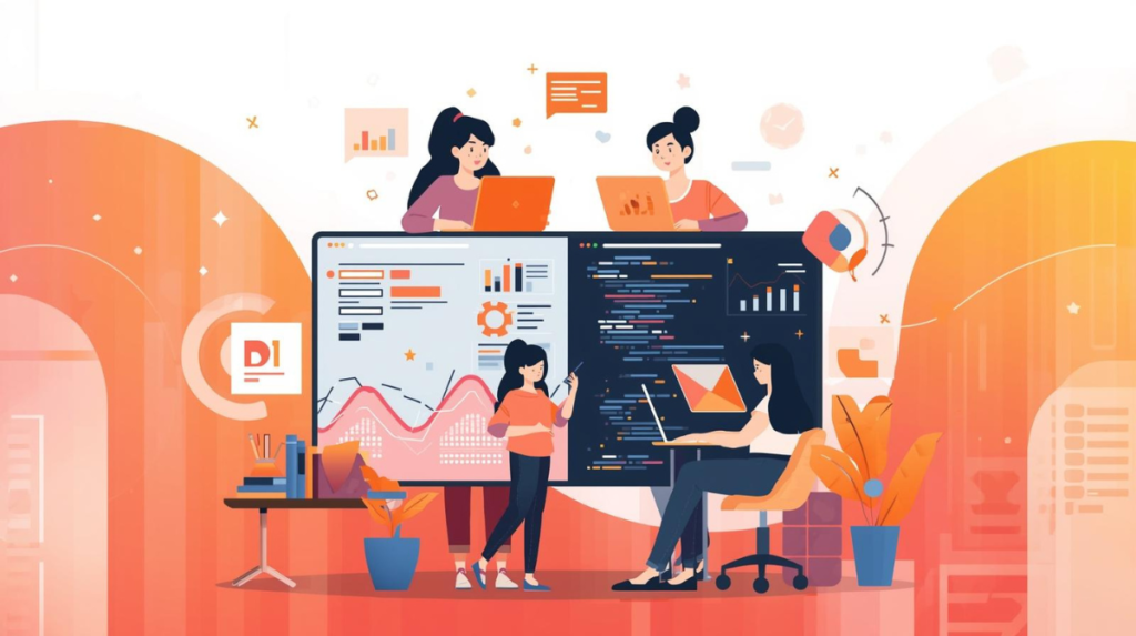 “Modern web development illustration with Python and React for enterprise applications in orange theme.”