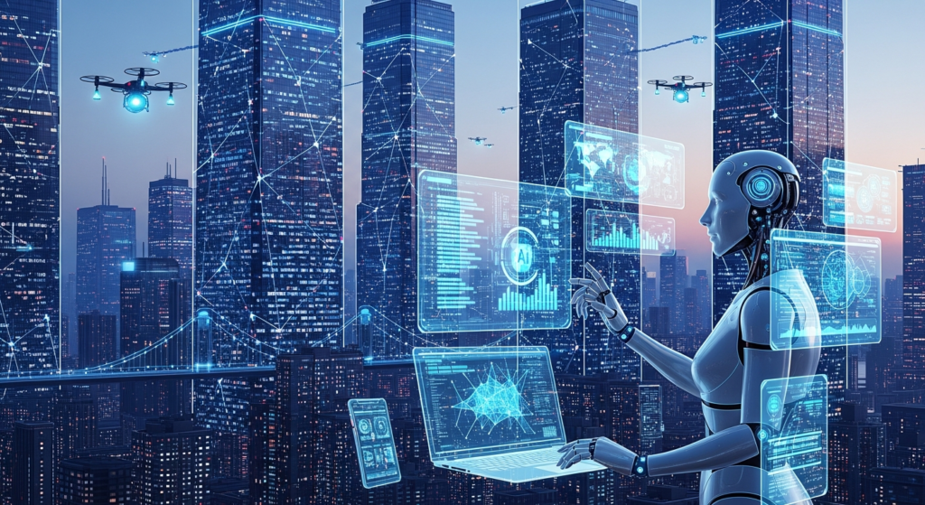 “AI technology with robotic elements and digital interface.