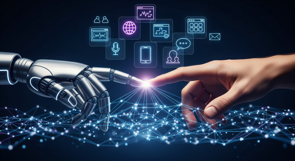 “Robotic AI systems performing tasks across web and app platforms.”