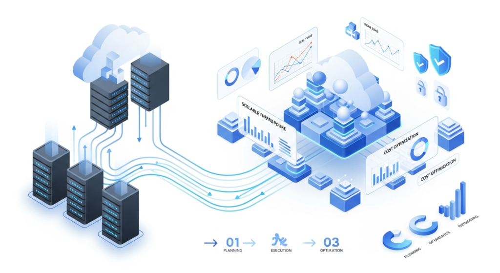 3D cloud migration illustration on a white background showing enterprise systems moving to a scalable and secure cloud