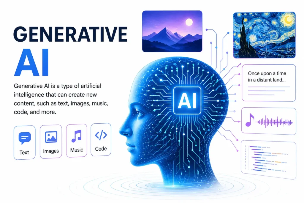 “Generative AI concept illustration showing human head with neural network creating text, images, music, and code”