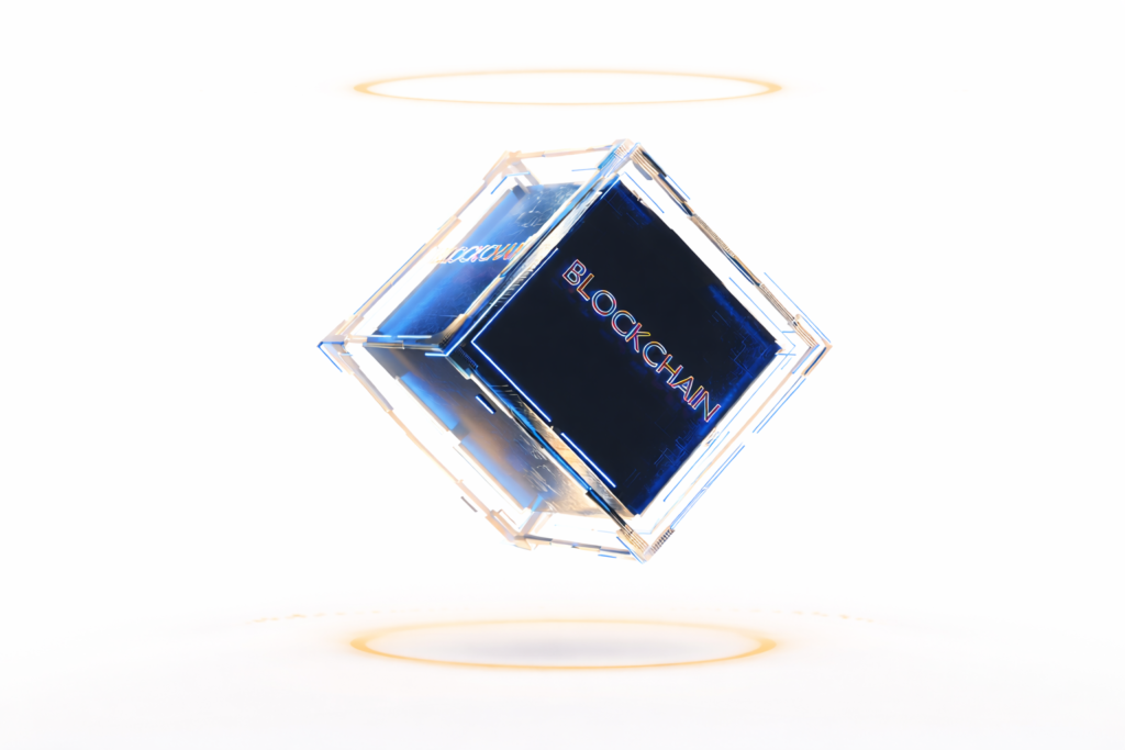 A glowing digital cube labeled “Blockchain” floating in a futuristic, minimal background.