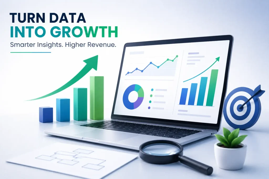 Modern business analytics illustration showing data-driven growth, revenue optimization, performance dashboards, charts, and business intelligence insights.