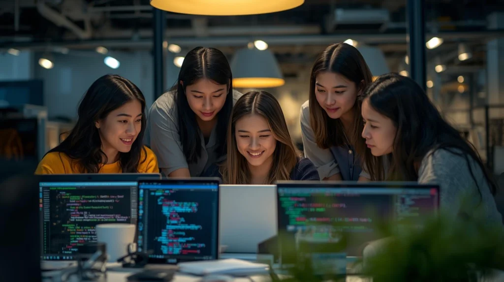 Precious Infosystem team brainstorming or coding together.